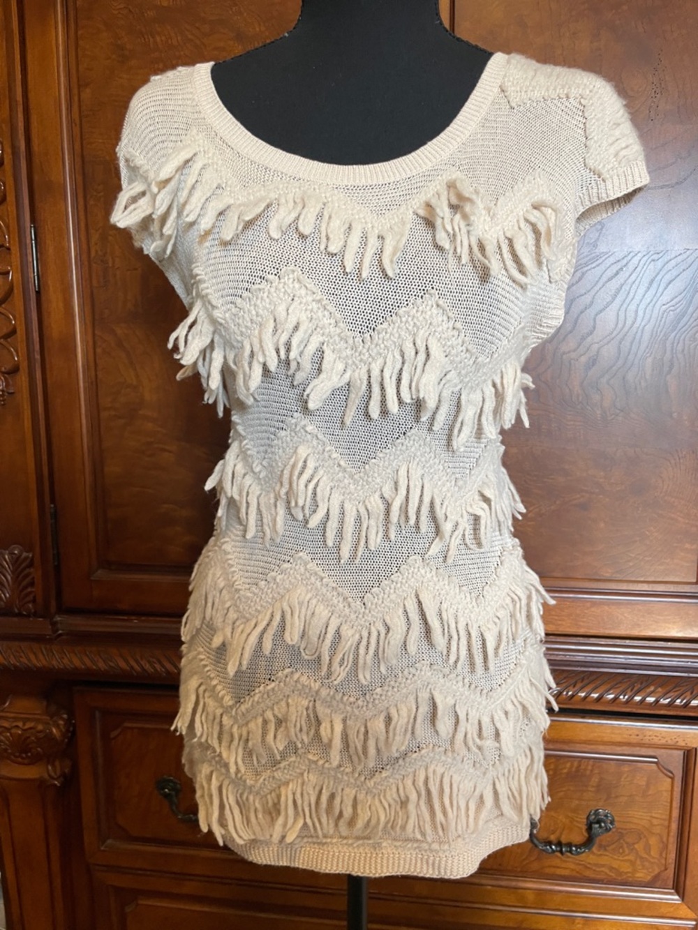 Anthropologie Yellow Bird Cream Fringe Cotton Blend Sweater Size Small